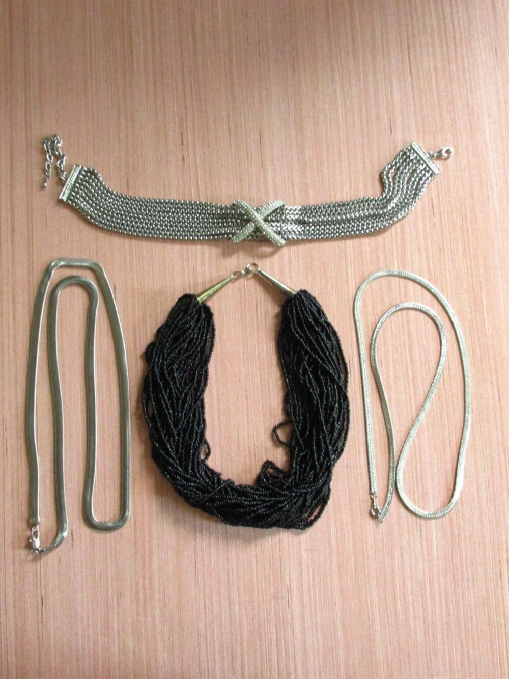 Necklace Lot Rhinestone Choker, Vintage Snake Chains, Black Glass Beads
